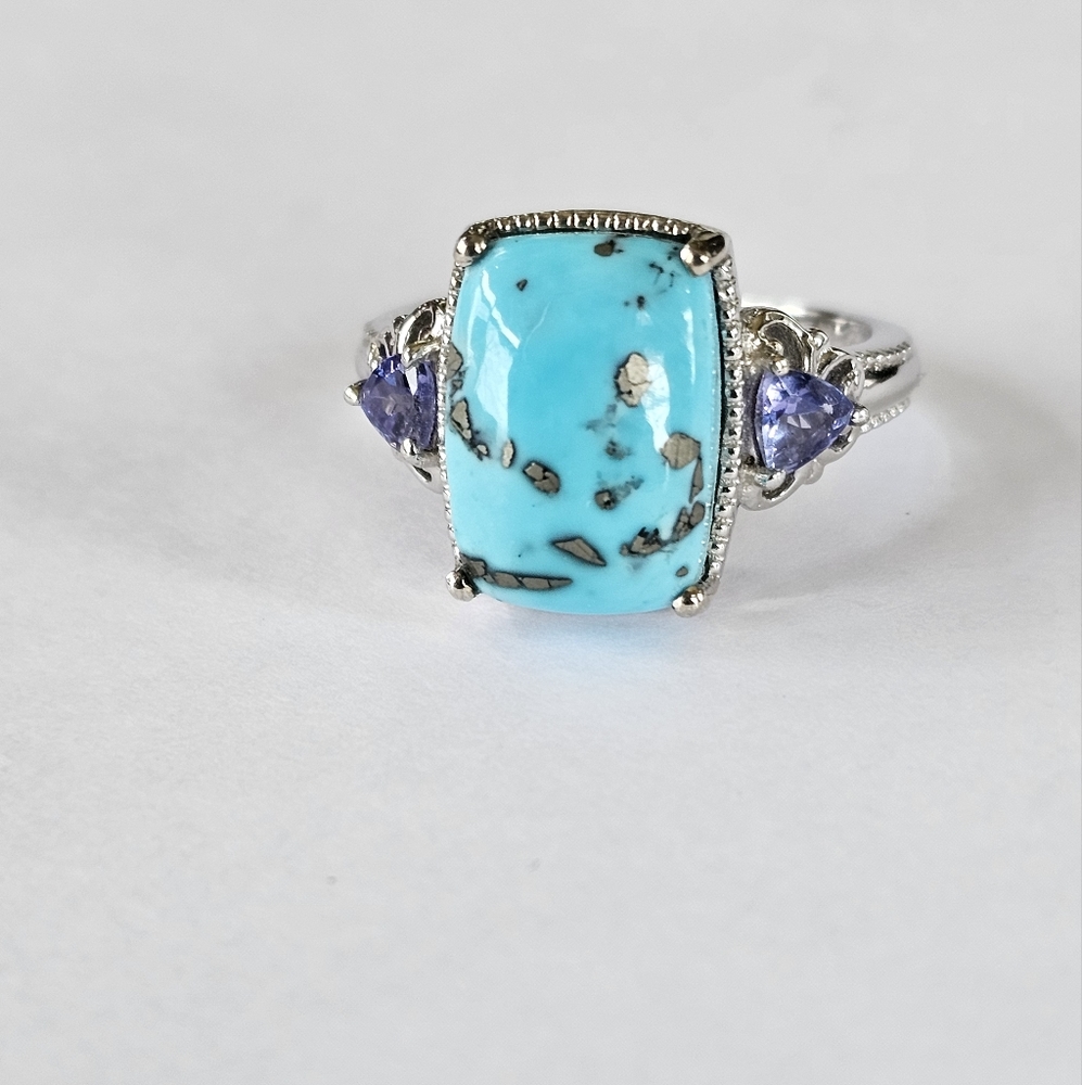 Natural Turquoise Pyrite & Tanzanite Ring in Platinum/925 Sz 9! - Picture 1 of 7